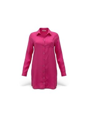 C&C California 100% Linen Fuchsia Button-Front Long-Sleeve Shirt Dress